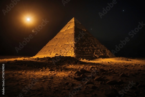 A pyramid is lit up by the moon and stars
