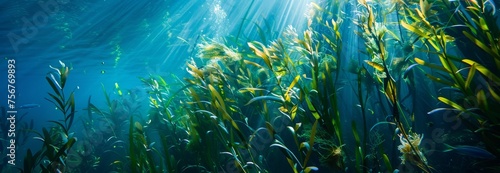 Underwater image of plants absorbing carbon dioxide and showing an aquatic ecosystem. Blue carbon ecosystem concept.