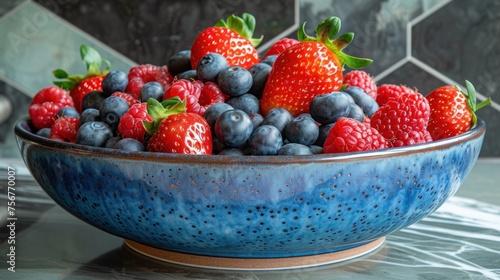 a blue bowl filled with strawberries and blueberries on top of a marble counter top next to a tile backsplash.