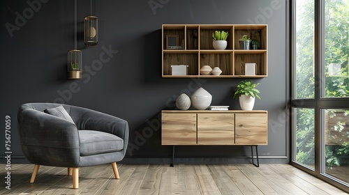 Grey barrel chair against of window and wooden shelving unit and cabinet on dark wall. Scandinavian style interior design of modern living room.  photo