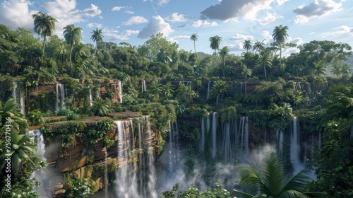 a large waterfall in the middle of a jungle with lots of trees and greenery on both sides of it.