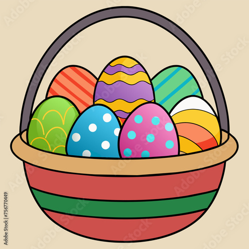 Bright Easter: basket with colored eggs