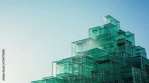 a very tall building with lots of glass blocks on it's sides and a clock on the top of the building. photo