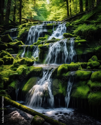 a small waterfall in the middle of a forest with moss growing on the rocks and the water running down it.