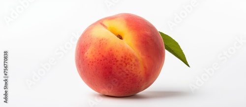 A peach, an accessory fruit, is a staple food known for being a superfood. This natural food, produced by a plant, has a single peach with a green leaf on a white background photo