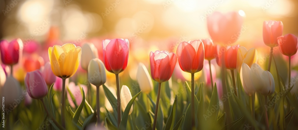 Fototapeta premium A variety of vibrant tulips bloom in a picturesque natural landscape, creating a colorful meadow of flowering plants in the grassy field