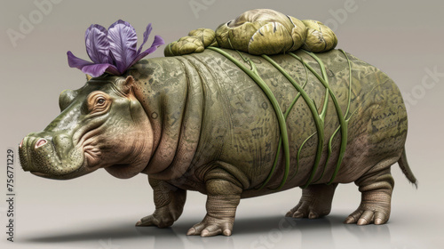 a hippopotamus with a purple flower on it s head and a purple ribbon around its neck.