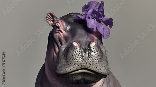 a close up of a hippopotamus with a purple flower on it's head and a gray background. photo