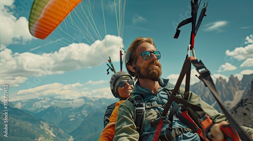 close-up shots that highlight the paragliding equipment and facial expressions, adding depth and authenticity to the image
