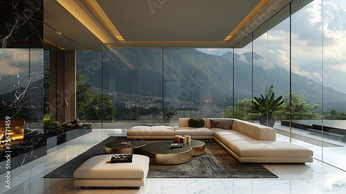 modern luxury living room with big windows, views to nature, mountains, open floor interior, minimalist, fancy, rich