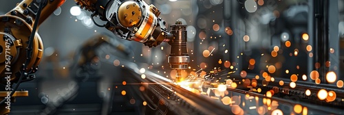 Panoramic banner of industrial robot arm head welding and cutting with laser in manufacturing factory © Barosanu