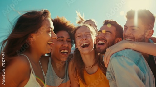 A group of friends laughing together on a sunny beach, arms around each other.