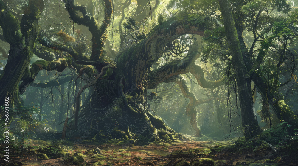Fototapeta Ancient Trees: Showcase the majesty of ancient trees in a dense forest, with towering trunks and gnarled branches covered in moss and lichen, evoking a sense of reverence for nature's enduring beauty.