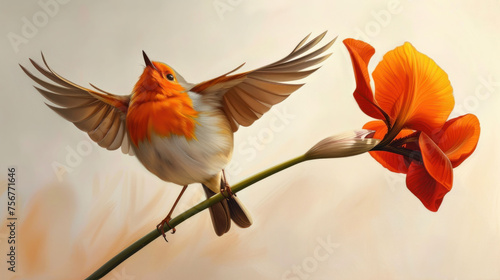a painting of a bird on a branch with a flower in the foreground and an orange flower in the background. photo