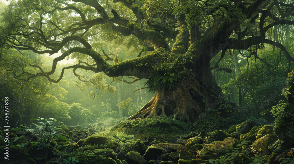 Ancient Trees: Showcase the majesty of ancient trees in a dense forest, with towering trunks and gnarled branches covered in moss and lichen, evoking a sense of reverence for nature's enduring beauty. - obrazy, fototapety, plakaty 