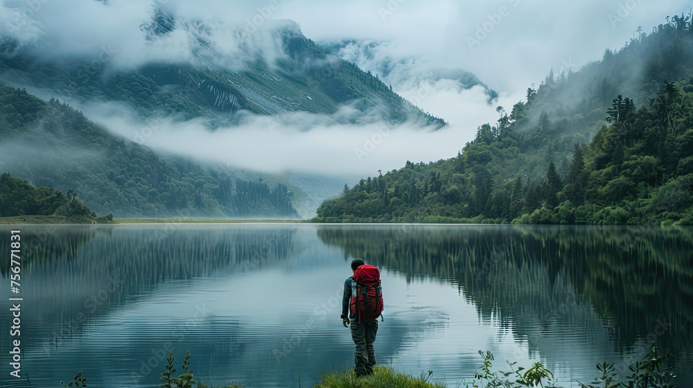 the hiker against the backdrop of the lake and surrounding nature to provide context and depth to the image, enhancing the storytelling aspect the hiker against the backdrop of the lake and surrounding nature to provide context and depth to the image, enhancing the storytelling aspect