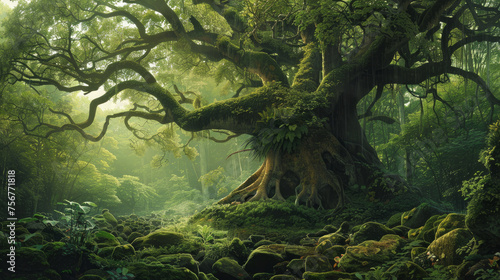 Ancient Trees: Showcase the majesty of ancient trees in a dense forest, with towering trunks and gnarled branches covered in moss and lichen, evoking a sense of reverence for nature's enduring beauty. photo