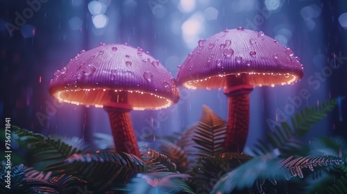 a couple of purple mushrooms sitting on top of a lush green forest covered in drops of rain under a blue sky.