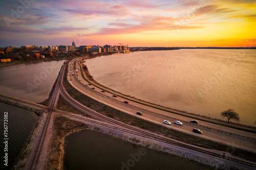 Sunrise commute over John Nolen Drive, Madison, Wisconsin, USA.  photo
