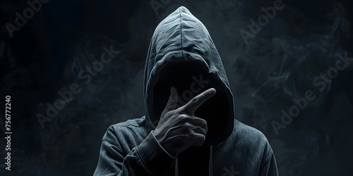 A sinister figure in a hooded sweatshirt gesturing silence in shadowy setting. Concept Dark Photography, Eerie Portraits, Mysterious Figures