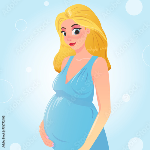 Vector image of a pregnant woman with blonde hair with blue eyes