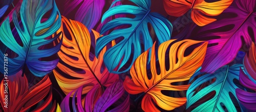 Abstract seamless pattern with colorful tropical leaves for design. Bright summer background featuring jungle foliage. Botanical swimwear design with a vintage touch.