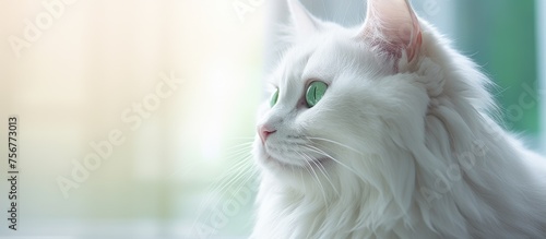 A domestic shorthaired cat with a white fur coat and striking green eyes is gazing out of a window, showcasing its carnivore instincts and Felidae features