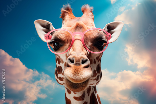 Portrait of a funny cute giraffe in sunglasses against the sky.