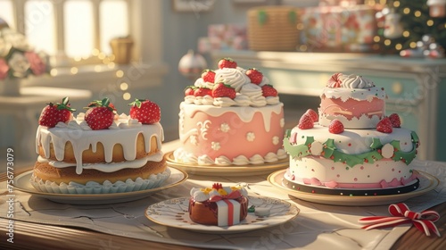 a table topped with three cakes covered in frosting and strawberries on top of each of the three cakes.