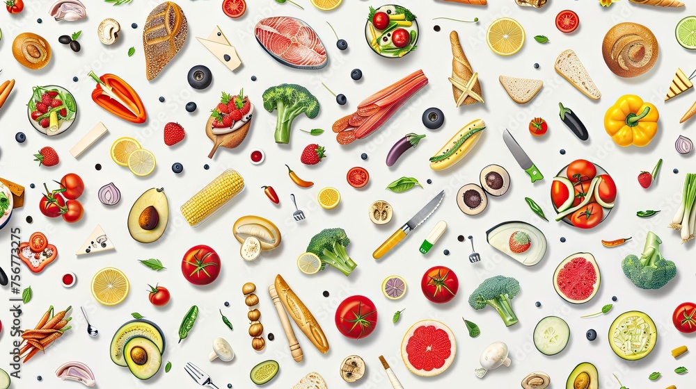 Fresh and Colorful Produce with Kitchen Essentials on White Background Fresh and Colorful Produce with Kitchen Essentials on White Background