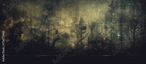 An art piece depicting a dark forest with leafless trees under a night sky. The natural landscape is filled with darkness and mystery, capturing the essence of the woodland