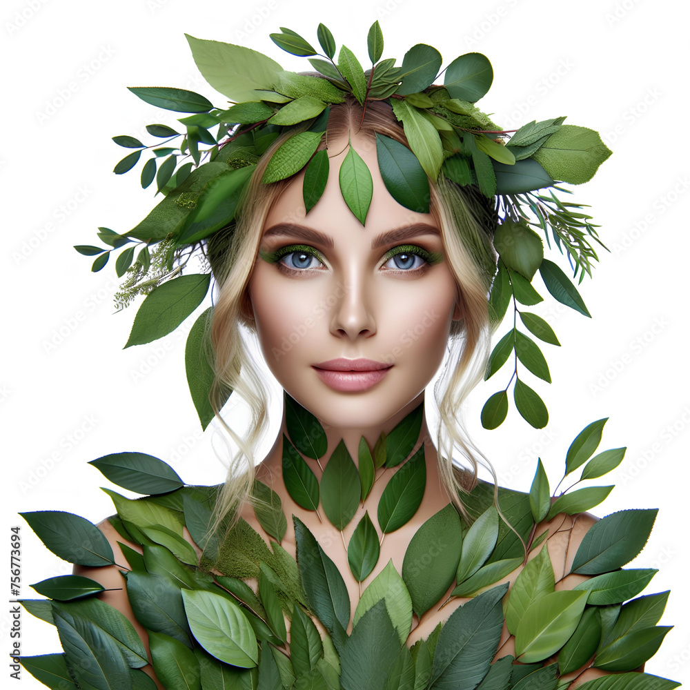 woman face from leaves and branches isolated on a white background woman face from leaves and branches isolated on a white background