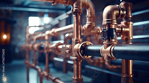 Copper pipeline of heating system. Plumbing service of water or gas system concept. photo