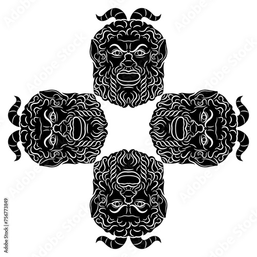 Square cross shape ornament with four antique masks of satyr or god Pan. Faces of bearded horned men. Black and white silhouette.