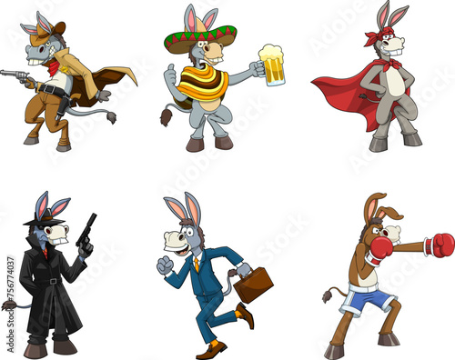 Donkey Cartoon Characters. Vector Hand Drawn Collection Set Isolated On White Background  photo