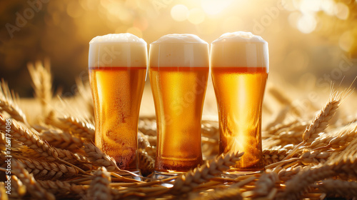 Three glasses of beer in summer in a wheat field at sunset