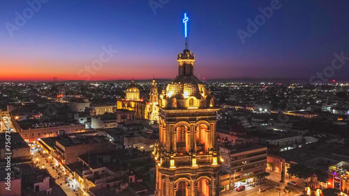 Night view with drone of the main cathedral of Celaya photo