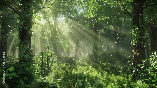 Enchanted Forest  Capture the magical atmosphere of a dense forest with sunlight filtering through the canopy  illuminating lush green foliage and creating dappled patterns on the forest floor. 