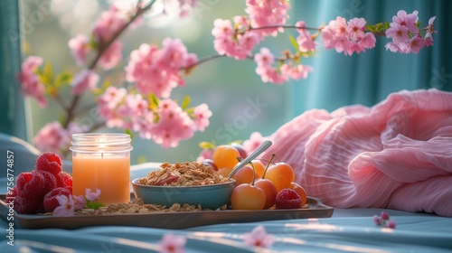 a table topped with a bowl of fruit and a bowl of granola next to a glass of orange juice. photo