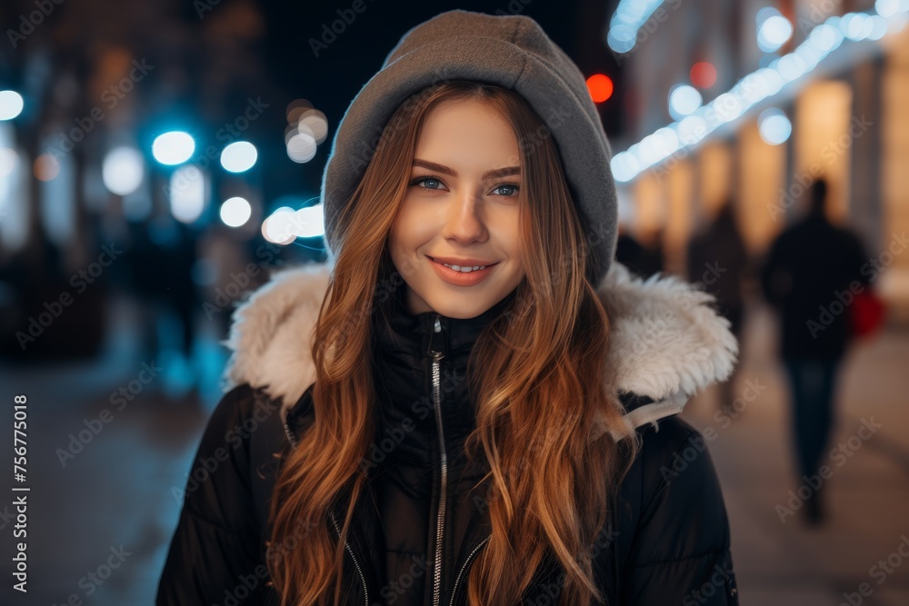 Beautiful teenage girl posing elegantly against mesmerizing backdrop of city lights at night Beautiful teenage girl posing elegantly against mesmerizing backdrop of city lights at night