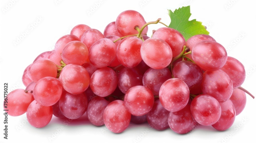 a close up of a bunch of grapes with a leaf on the top of the grapes, on a white background.