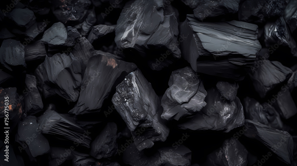 Close-up of black coal, energy fuel - obrazy, fototapety, plakaty 