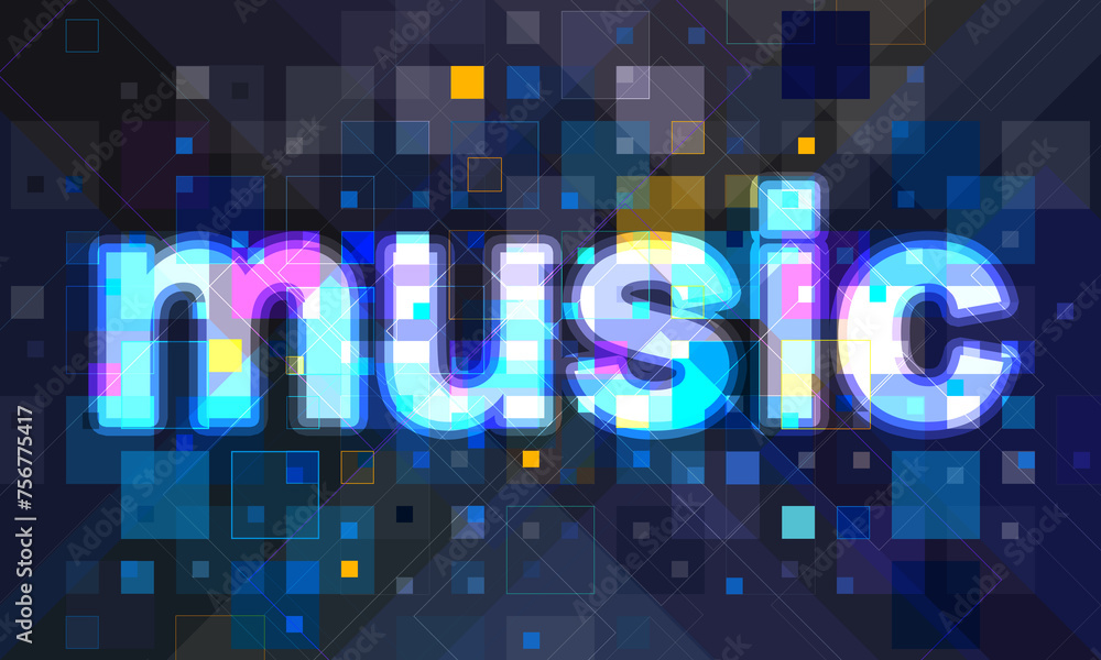 An abstract colorful theme with square shapes, concentrated in the center of the image and Music word. An abstract colorful theme with square shapes, concentrated in the center of the image and Music word.