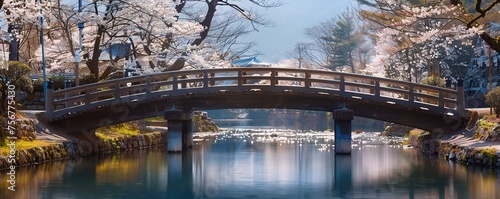 bridge between cherry blossoms photo