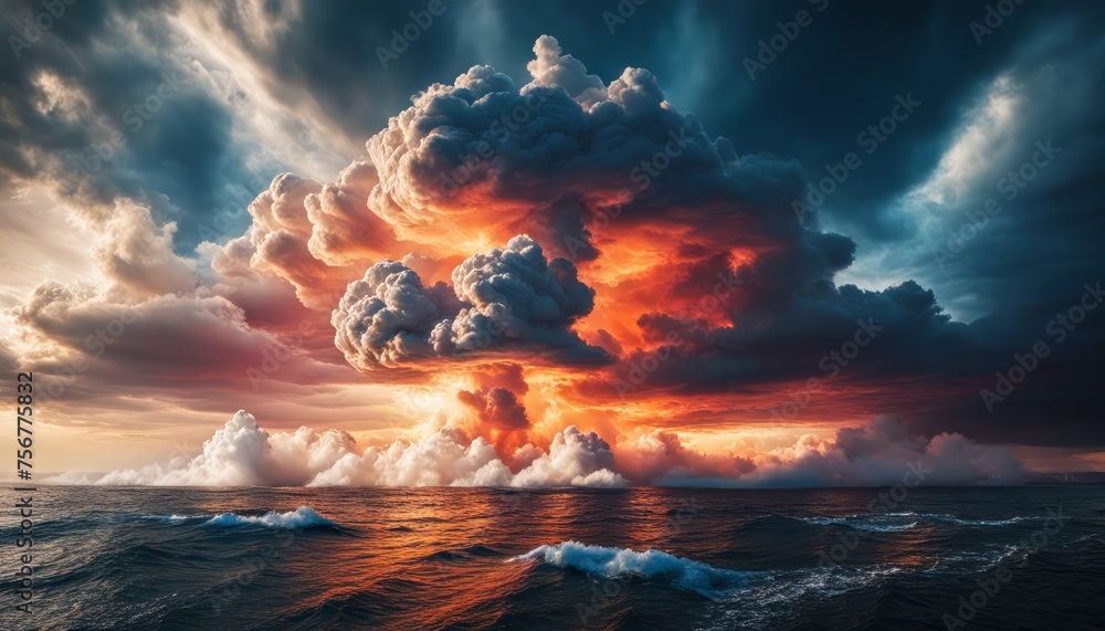 Oceanic volcanic eruption, massive clouds, and fiery glow, apocalyptic scenery. Atomic explosion, nuclear explosion, nuclear bomb