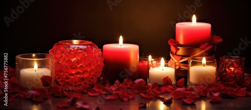 A group of lit candles surrounded by red rose petals on a table set for an event. The flickering candles cast a warm glow on the magenta petals and glass drinkware, creating a romantic atmosphere