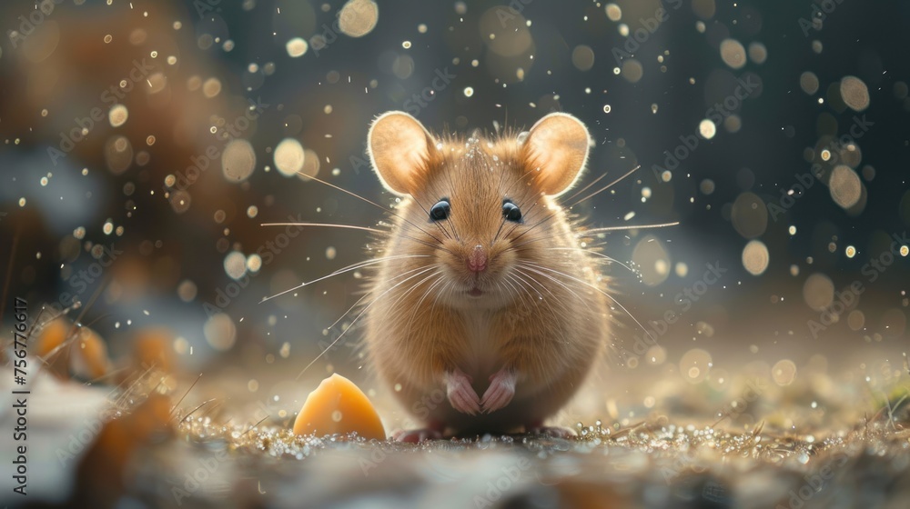 a brown rodent sitting on top of a pile of dirt next to a yellow piece of food on the ground. a brown rodent sitting on top of a pile of dirt next to a yellow piece of food on the ground.