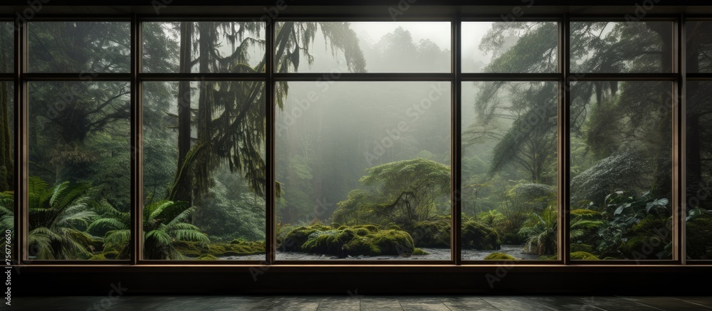 A rectangular window frames a picturesque view of a dense forest with tall trees, lush green grass, and fluffy clouds in the sky A rectangular window frames a picturesque view of a dense forest with tall trees, lush green grass, and fluffy clouds in the sky