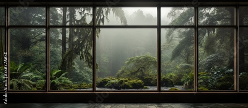 A rectangular window frames a picturesque view of a dense forest with tall trees  lush green grass  and fluffy clouds in the sky