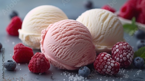 three scoops of ice cream with raspberries  blueberries  and raspberries on a table.